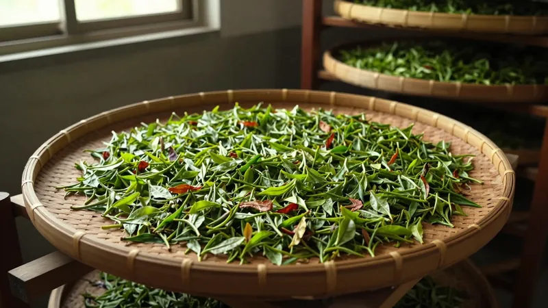 Fresh green tea leaves wilting on round woven bamboo trays, their edges turning reddish brown where they were bruised