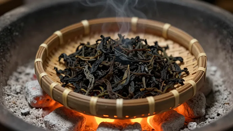 Dark twisted Wuyi rock oolong leaves in a bamboo roasting basket beside glowing charcoal embers