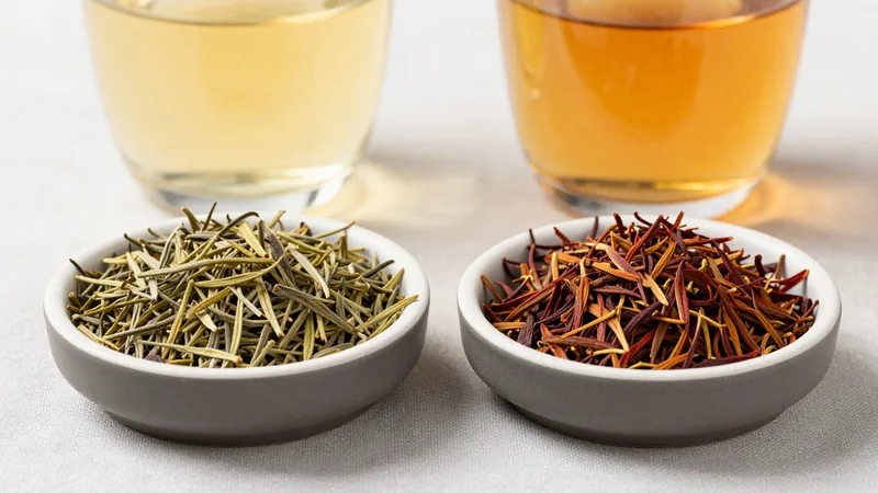 Two small dishes side by side, one with olive-green unfermented rooibos and one with red-brown fermented rooibos, with two glasses of pale yellow and deep amber infusion behind them