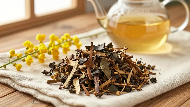 Dried honeybush leaves and woody stems on a linen cloth next to a sprig of fresh honeybush with small yellow flowers and a clear glass teapot of golden infusion