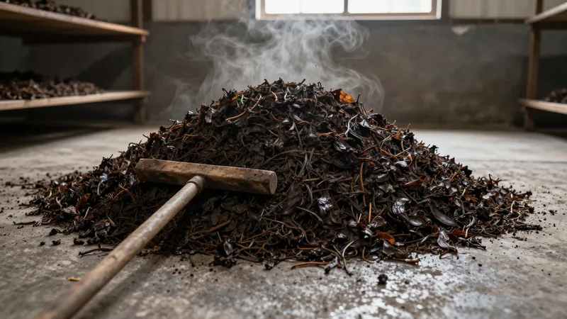 A waist-high heap of dark reddish-brown tea leaves on a concrete floor with a wooden rake leaning against it, steam visible in side light