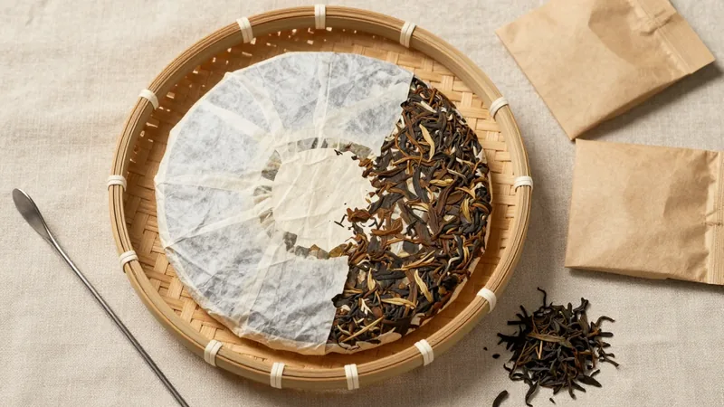 A round pressed tea cake half unwrapped from plain white paper on a bamboo tray, a flat steel tea pick beside it and three small kraft-paper sample pouches