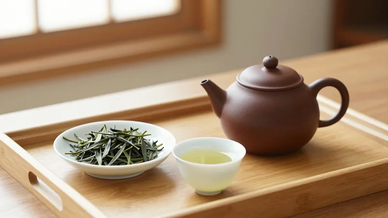 Loose dark green needle-shaped sencha leaves in a white ceramic dish next to a small clay teapot and a cup of pale green-gold tea on a wooden tray