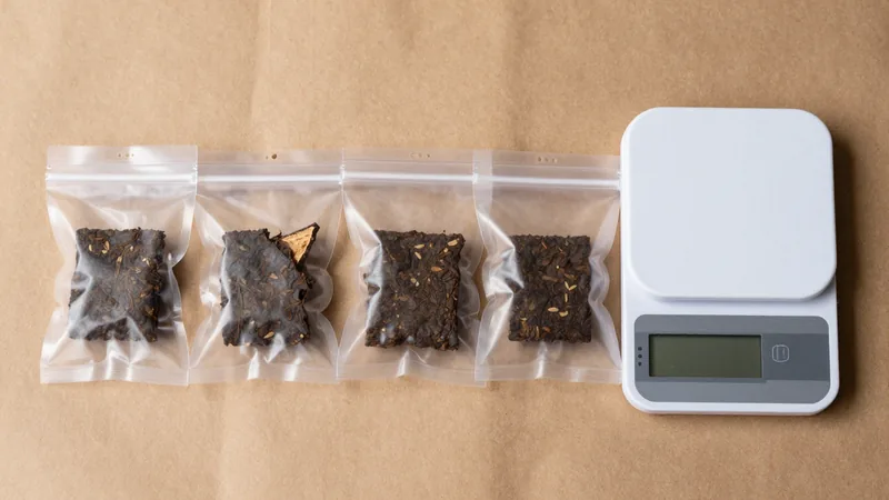 Small clear zip bags each holding a broken chunk of compressed puer tea, lined up on a kraft paper sheet beside a digital kitchen scale