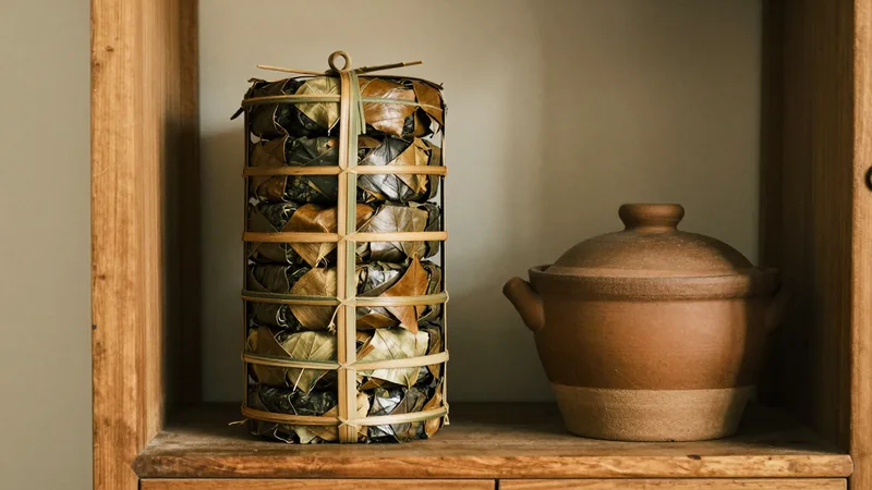 A tall cylindrical bamboo-leaf bundle of tea cakes next to a lidded unglazed clay crock on a wooden cabinet shelf in soft side light