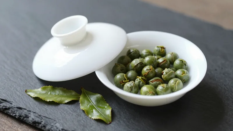 Tightly rolled green oolong pellets in a white porcelain gaiwan beside a few unfurled whole leaves on dark slate