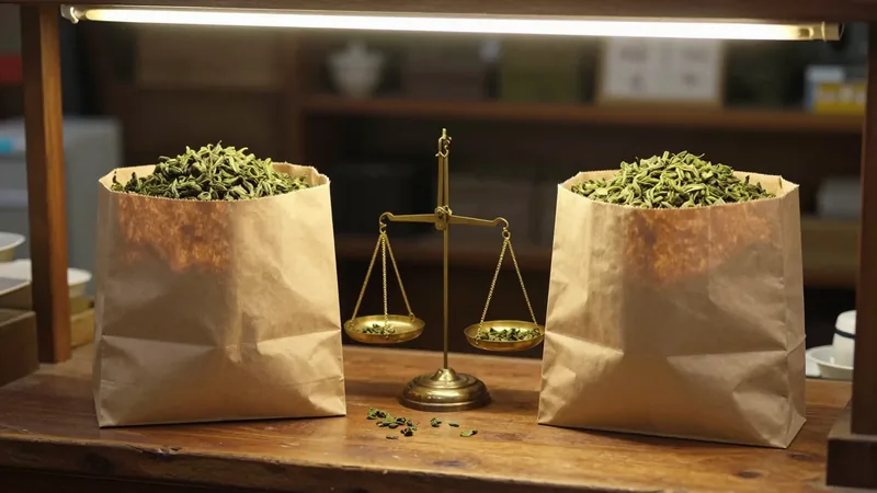 Two open plain kraft paper bags of rolled green oolong side by side on a wooden counter with a small brass scale