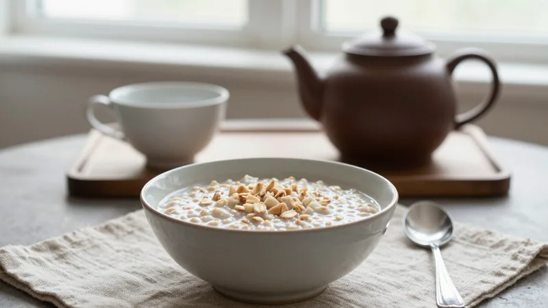 Bowl of oat porridge on a linen placemat in the foreground with a brown teapot and empty cup set apart on a side table behind it