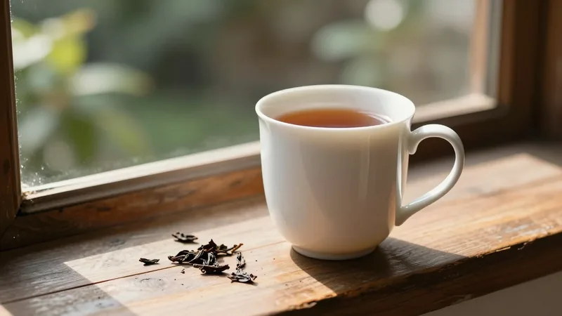 A white porcelain mug of amber black tea on a wooden windowsill in low late-afternoon sun, long shadows across the sill
