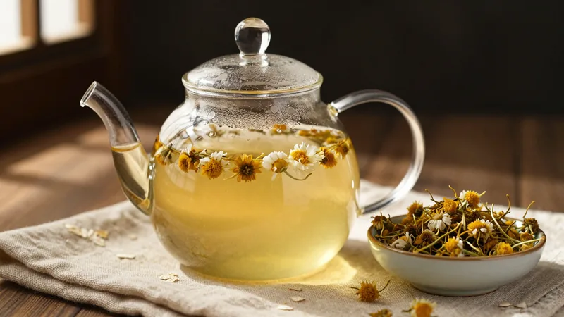 A glass teapot of pale yellow chamomile infusion beside a small bowl of dried chamomile flowers on a linen cloth in dim evening lamplight