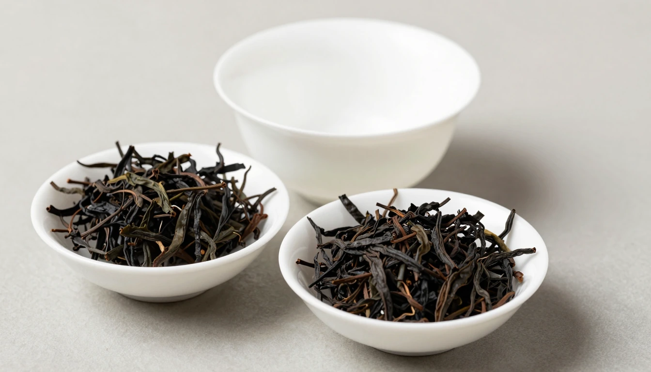 Two contrasting black teas in separate white bowls beside an empty mixing bowl