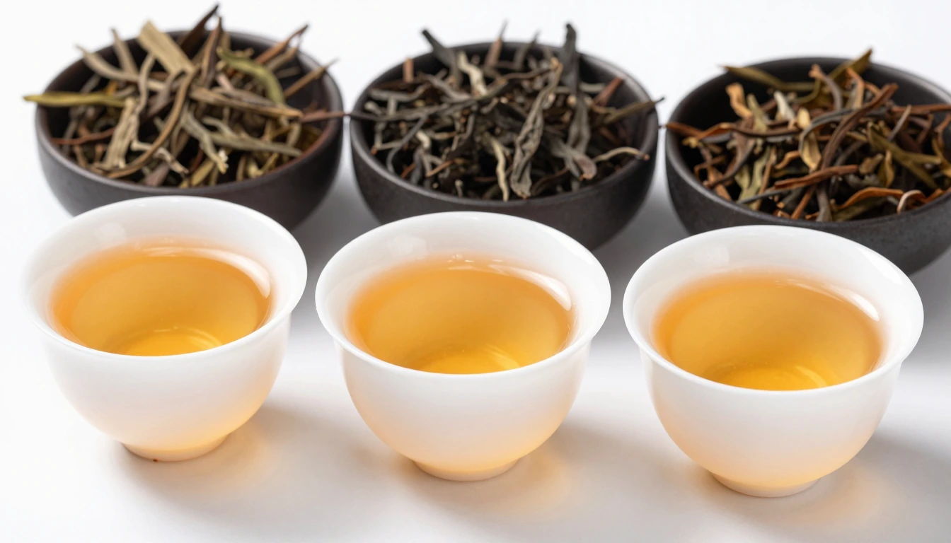 Three small cups of amber tea lined up on a clean tasting table
