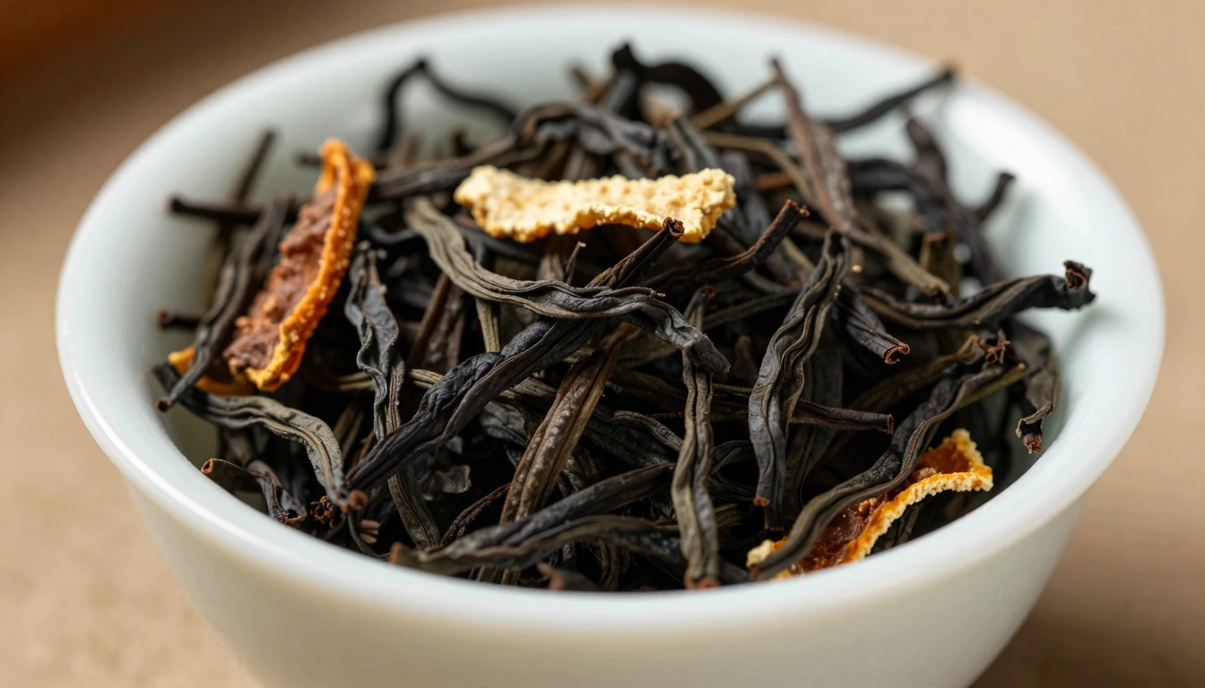 A small bowl of blended black tea with sparse dried orange peel