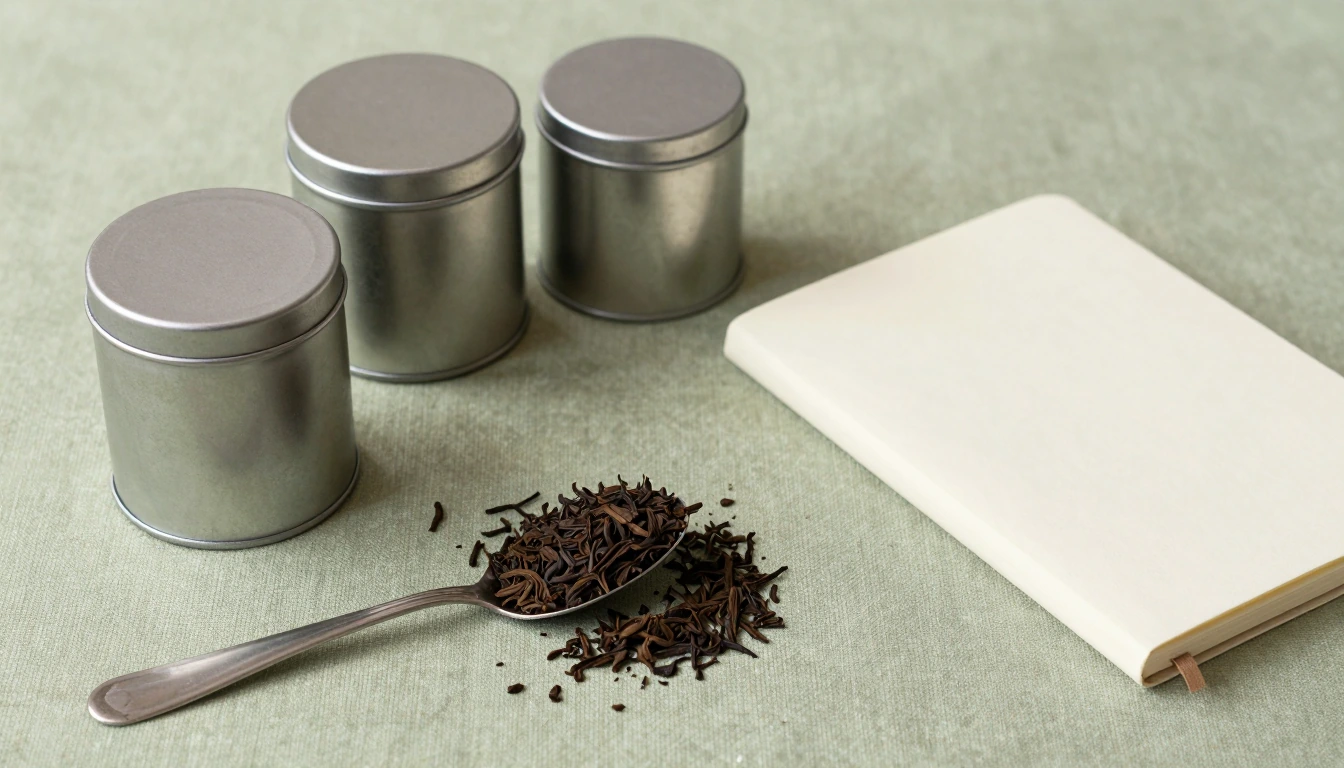 Plain airtight tins and a tea scoop arranged beside a closed notebook