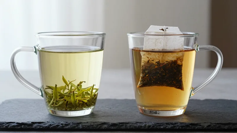 Two glass mugs of tea side by side on a slate counter, one with whole twisted green leaves floating loose, the other with a paper tea bag of fine broken black leaf