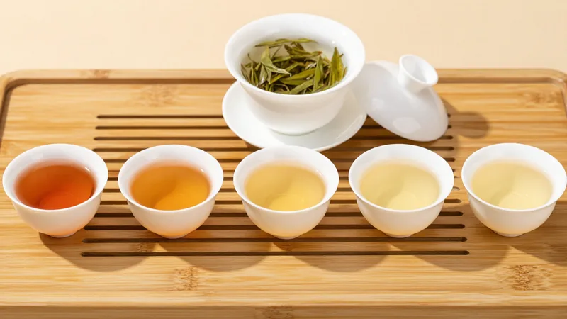 Row of small white porcelain cups on a bamboo tray filled with tea that gets paler from left to right, a lidded gaiwan of open green leaves behind them