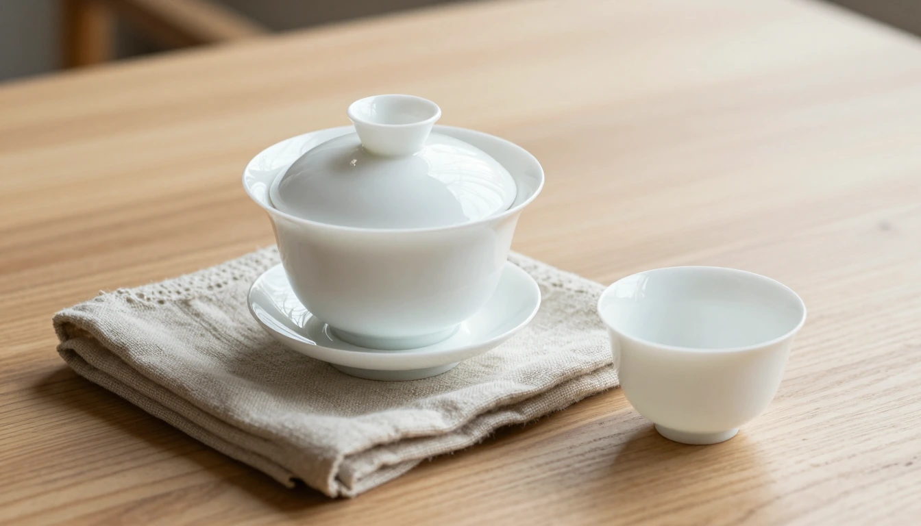Plain white gaiwan and one white drinking cup beside a folded linen towel