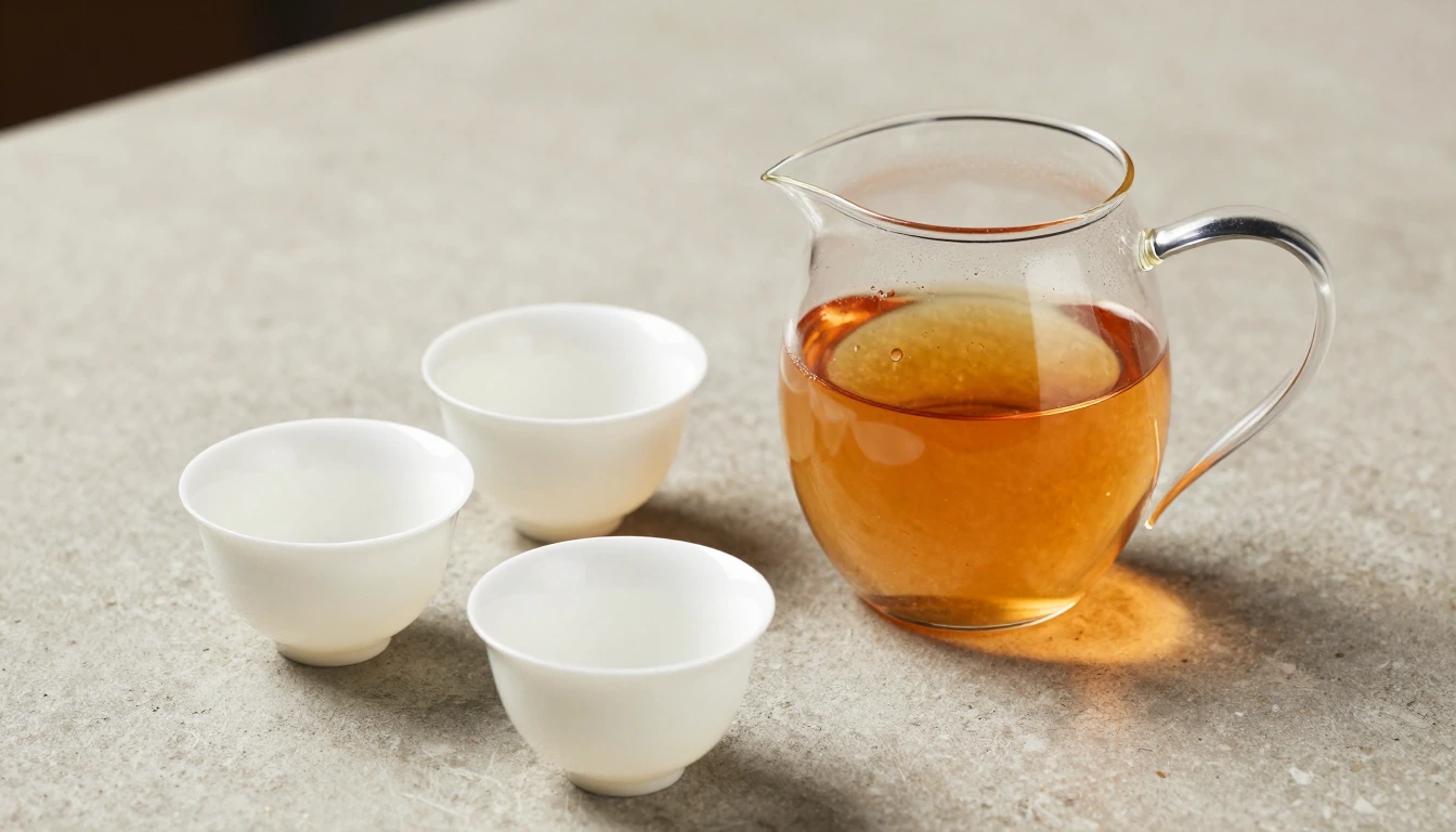 Amber tea in a clear glass server beside three small white cups