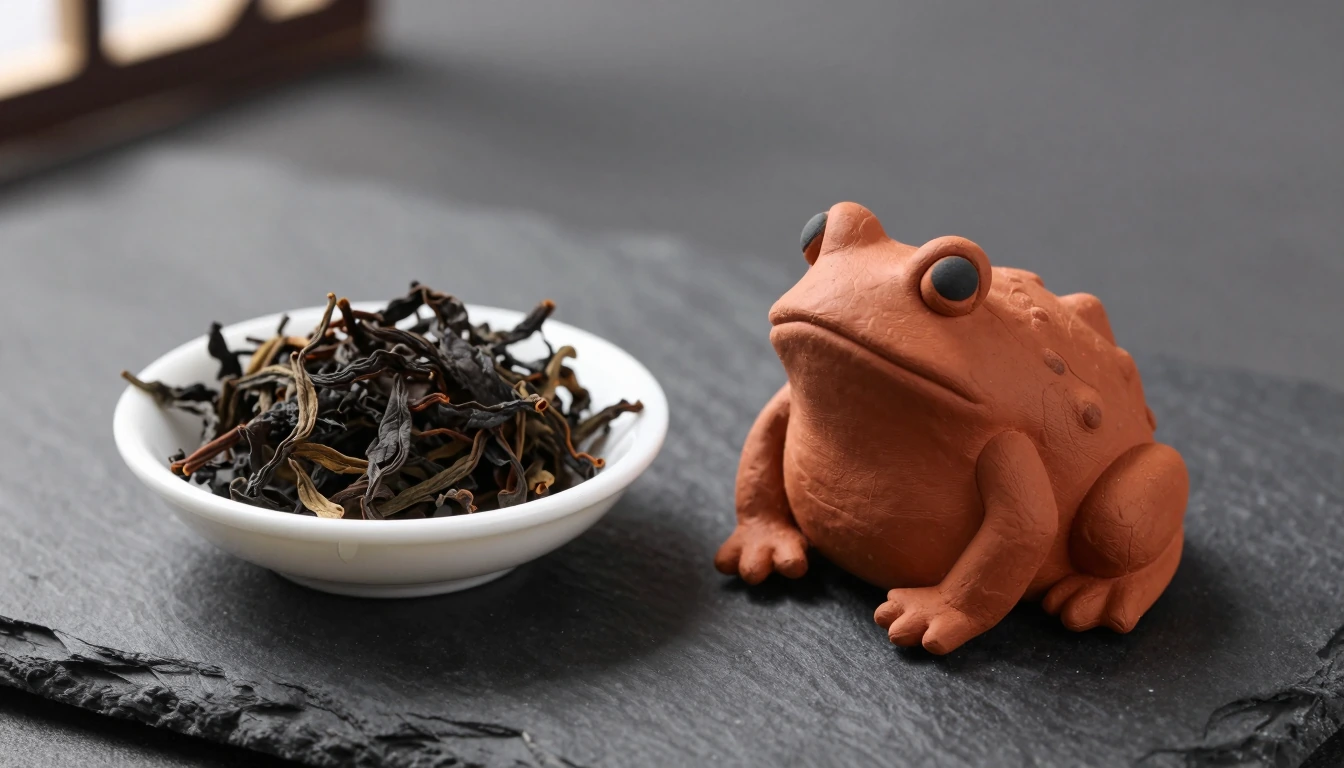 A small terracotta-colored tea pet beside a white leaf presentation dish and dry oolong