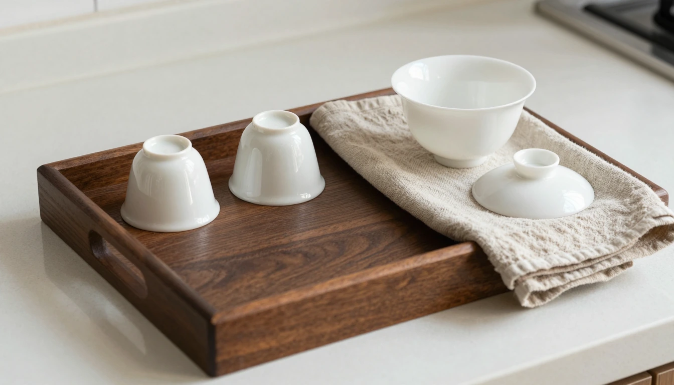 Two clean cups inverted on a wooden tray beside an open white gaiwan bowl and its separate lid on linen