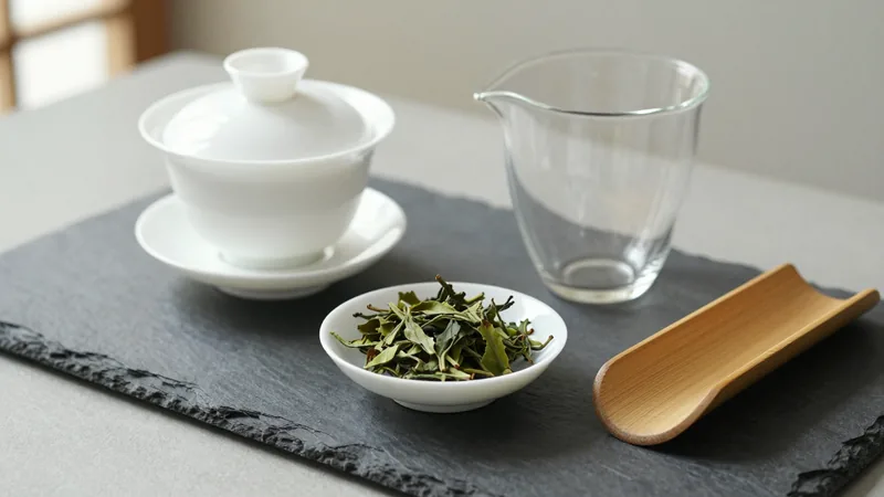 A white porcelain gaiwan and a small glass pitcher next to a shallow dish holding a few grams of rolled oolong leaves on a slate tray