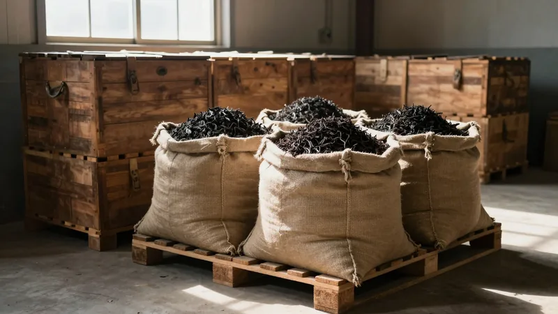 Wooden tea chests and burlap sacks of loose black tea stacked on a pallet in a dim port warehouse