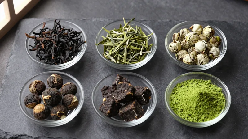 Six small glass dishes of dry tea leaves, from dark black tea to bright green matcha powder, on a slate counter