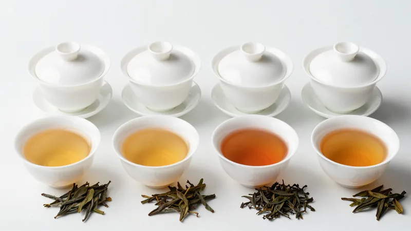 Four white lidded tasting cups in a line with four white bowls in front holding tea from pale green-gold through amber to dark copper, small heaps of dry leaf beside each