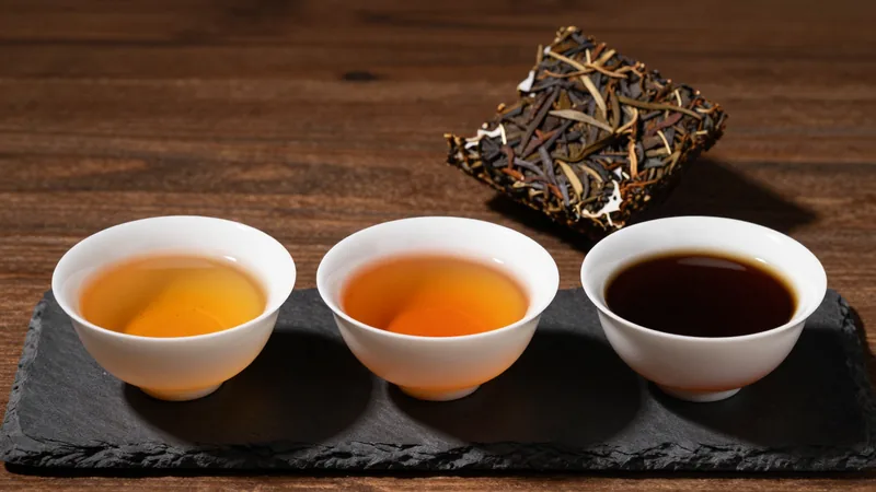 Three white bowls of puer tea, pale gold, deep amber and near-black brown, in front of a small piece of compressed tea cake on a dark slate board