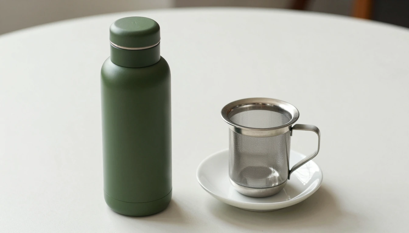 A closed green insulated bottle beside a stainless steel tea infuser resting on a saucer