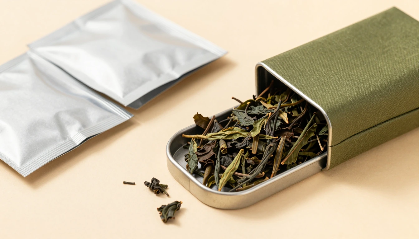 Sealed unmarked tea packets beside an open green tin of long loose tea leaves