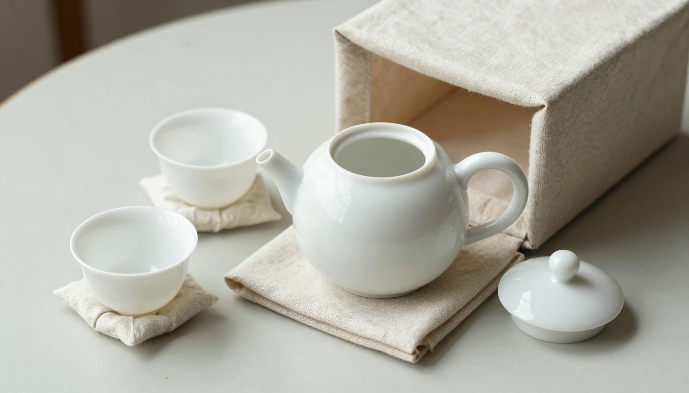 An open white teapot, its separate lid and two cups set on linen beside an open protective fabric case