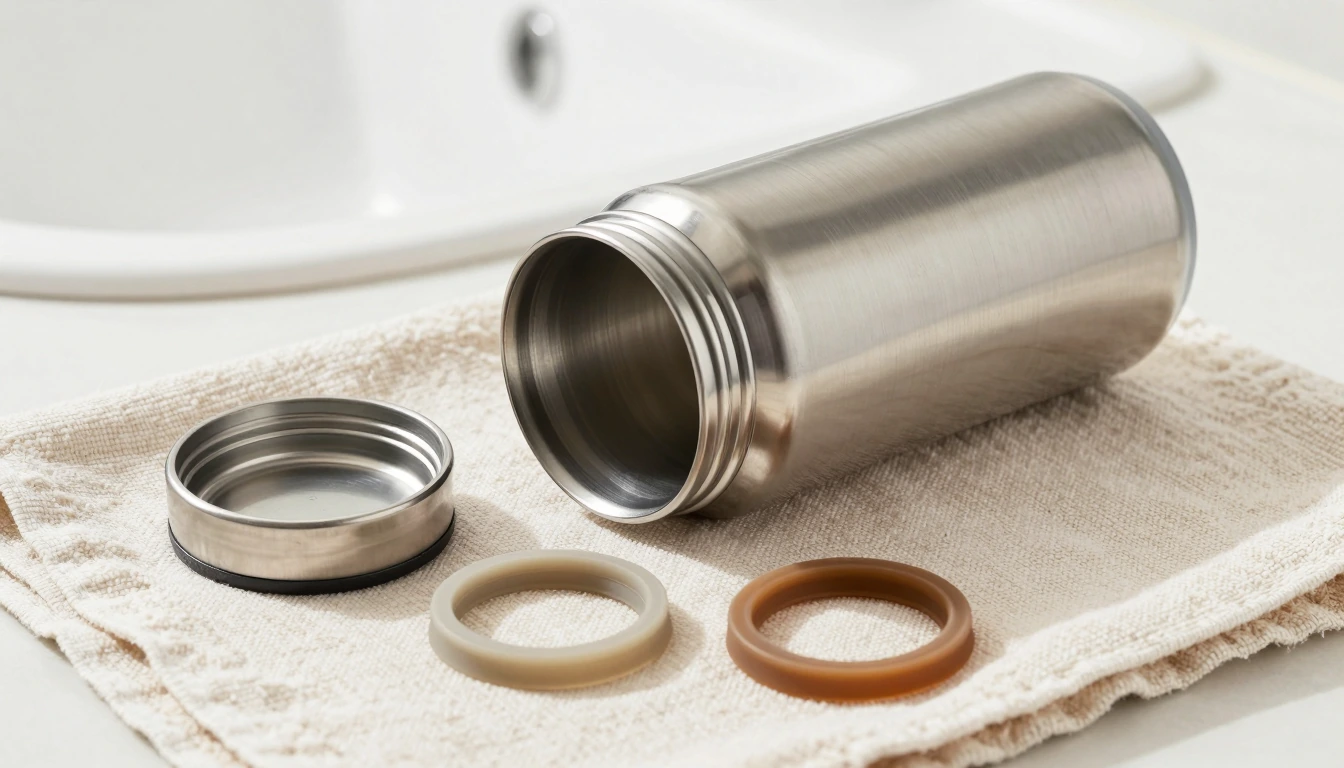 A disassembled plain travel mug lid, silicone rings and bottle drying beside a small towel