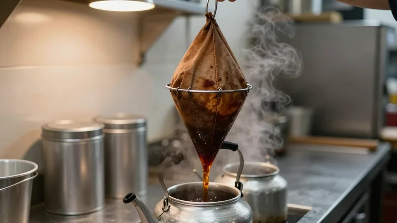 A long cotton tea sock stained deep brown hanging over a dented aluminium kettle, with dark tea streaming through it into a second kettle