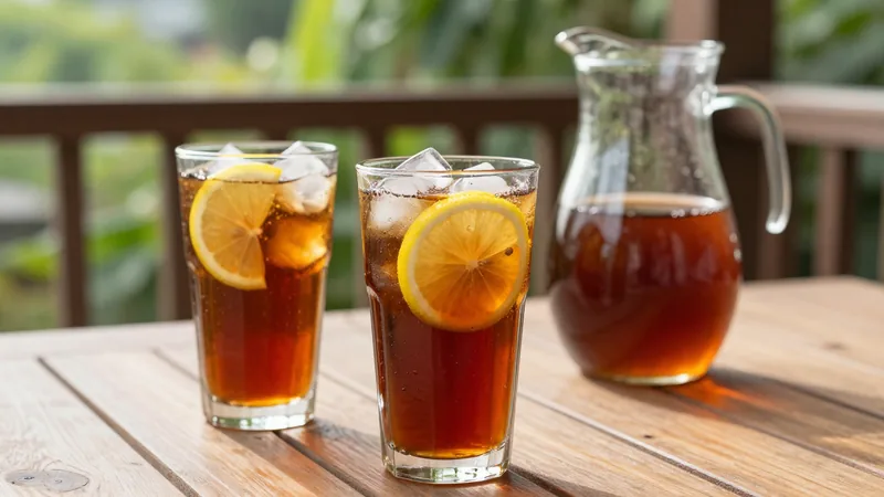 Two tall glasses of iced black tea with lemon slices and ice on a sunlit wooden porch table, a glass pitcher behind them