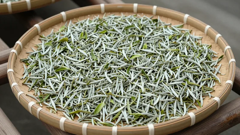 Silver needle buds and white peony leaves spread on a woven bamboo withering tray in soft daylight