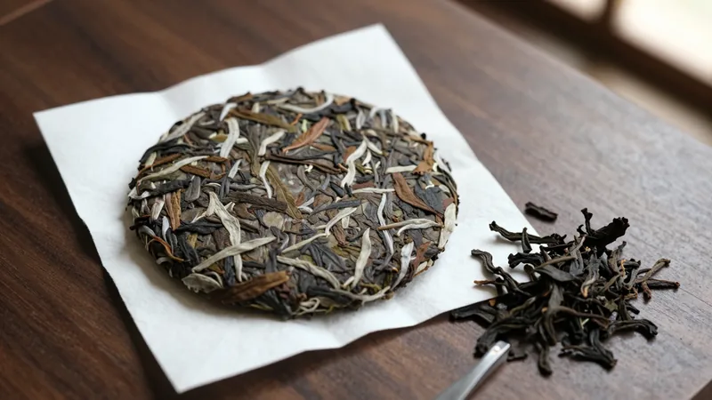 A pressed white tea cake partly unwrapped on a wooden table beside a small pile of loose dark shou mei leaves