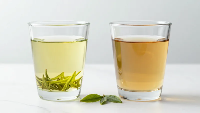 Two glasses of green tea on a white counter, one clear yellow-green and one cloudy brownish amber