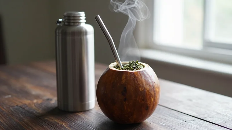Hollowed calabash gourd packed with green yerba mate, a metal straw standing in it, beside a steel thermos on a rustic wooden table