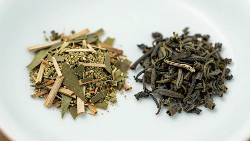 Close-up of dried yerba mate showing chopped leaf, pale twig pieces and fine powder next to a small pile of rolled green tea leaves on a white ceramic plate