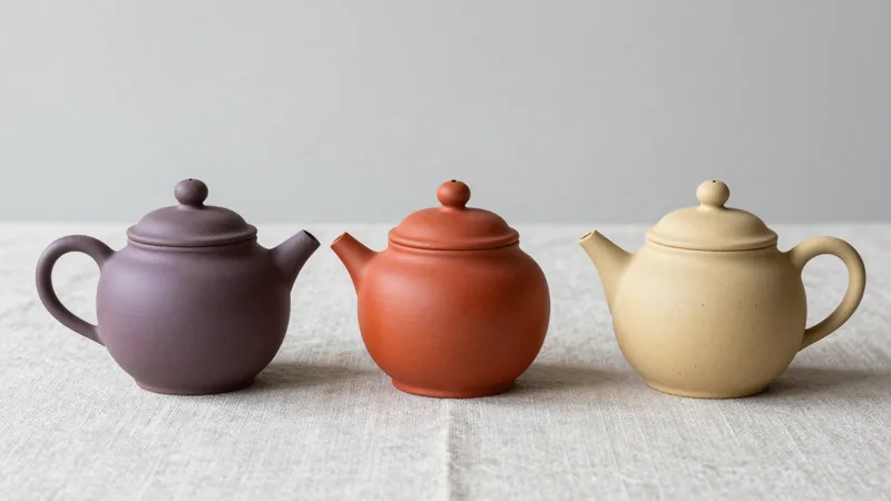 Three small unglazed clay teapots in purple-brown, bright orange-red and pale yellow-beige standing side by side on a linen cloth