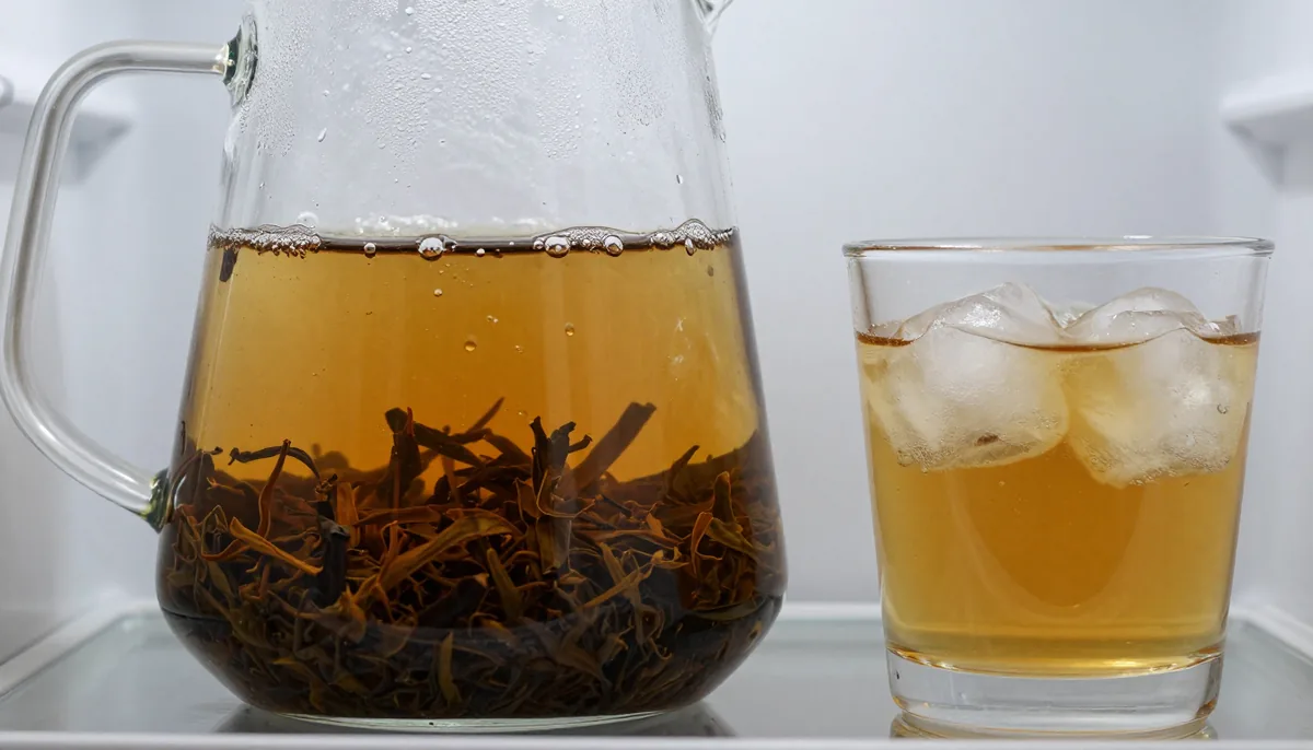 Glass pitcher of amber cold-brewed oolong with whole leaves resting on the bottom, beaded with condensation beside two filled glasses