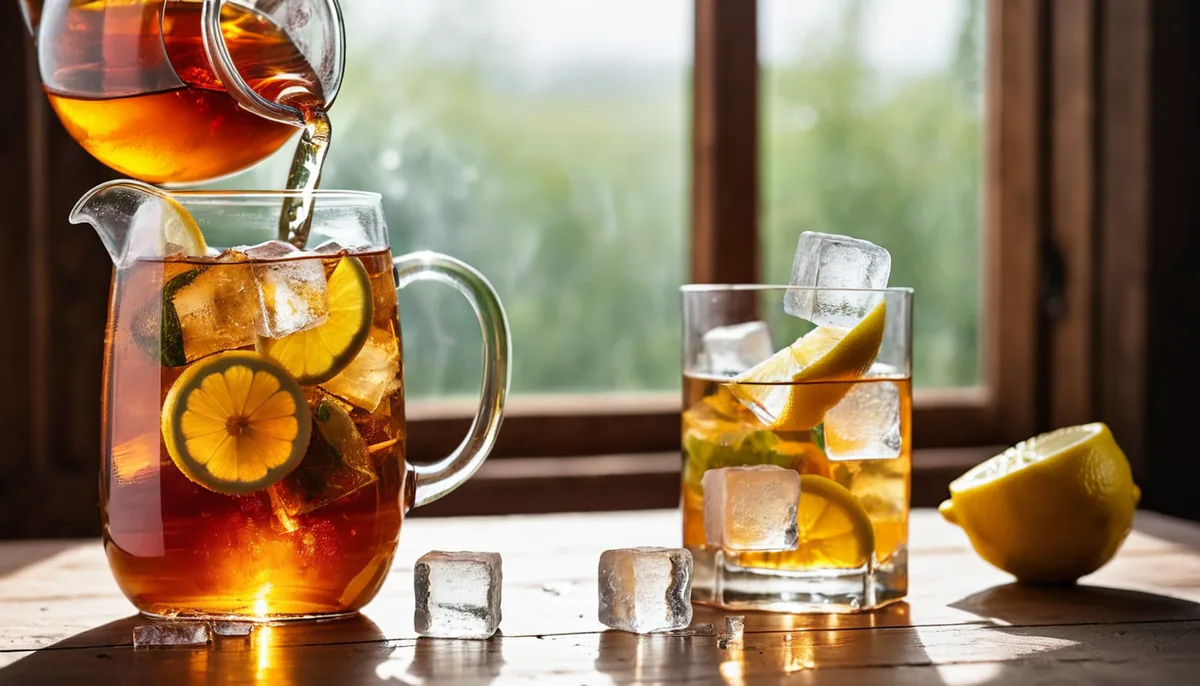 Hot red-amber black tea being poured from a small glass teapot into a tall glass packed with ice cubes, steam rising where the stream meets the ice
