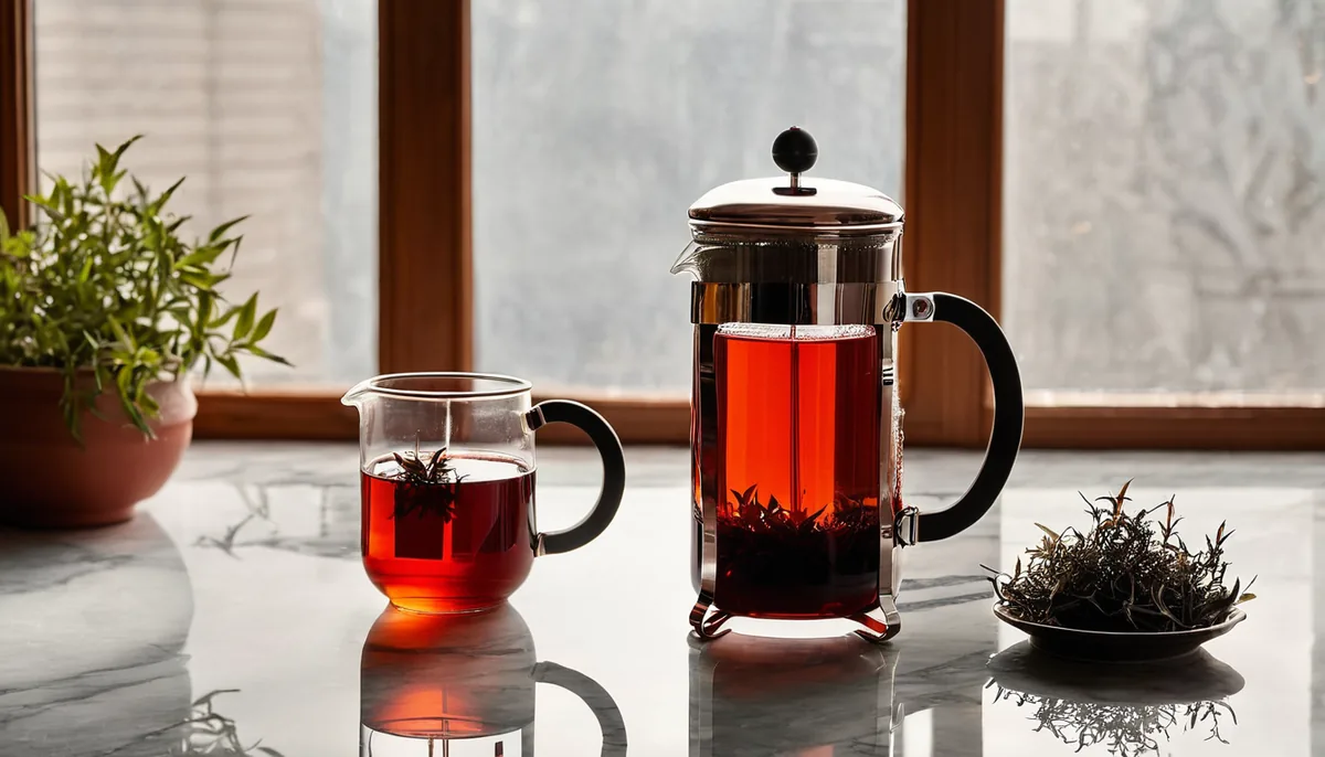 Glass French press on a kitchen counter with unfurled black tea leaves pressed under the mesh plunger and copper-colored tea above, next to two mugs
