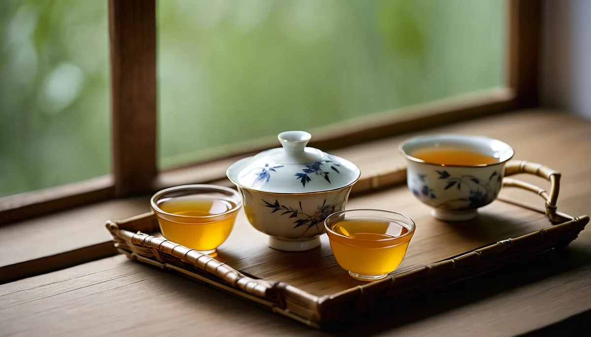 A white porcelain gaiwan with its lid tilted back over open green tea leaves, set on a wooden tray next to a glass pitcher of pale golden liquor