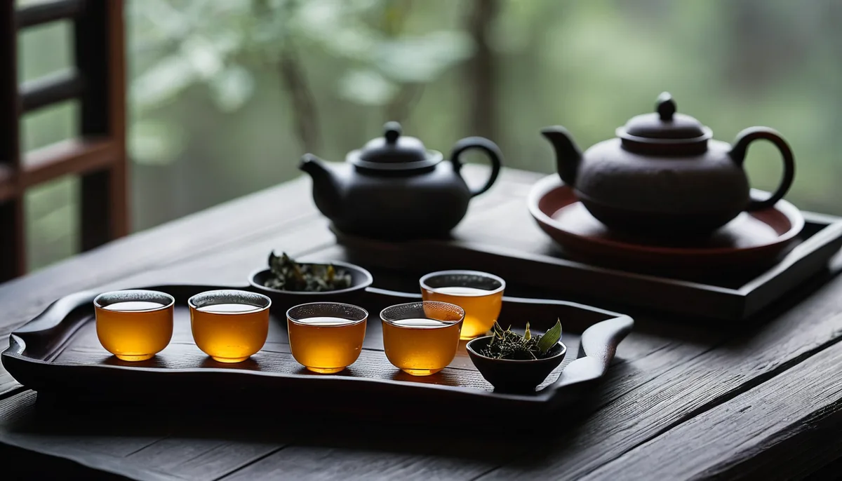 Gongfu tea set on a dark wooden tray: two clay teapots and six small cups of amber tea