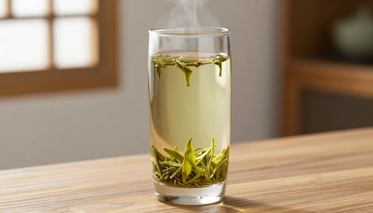 Tall clear glass on a wooden desk with whole green tea leaves settled at the bottom under pale yellow-green liquor