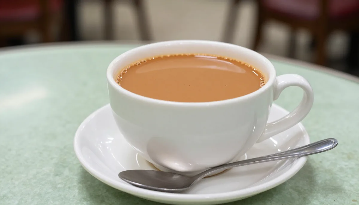 Dark tea being poured from height through a long brown-stained cotton filter bag into an enamel pot, with a thick white ceramic cup of tan milk tea on the counter
