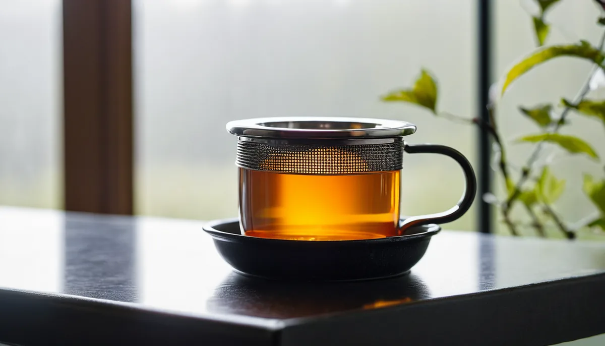 A tall ceramic mug with a stainless mesh basket lifted out and resting on its upturned lid, steam rising from amber tea on a desk