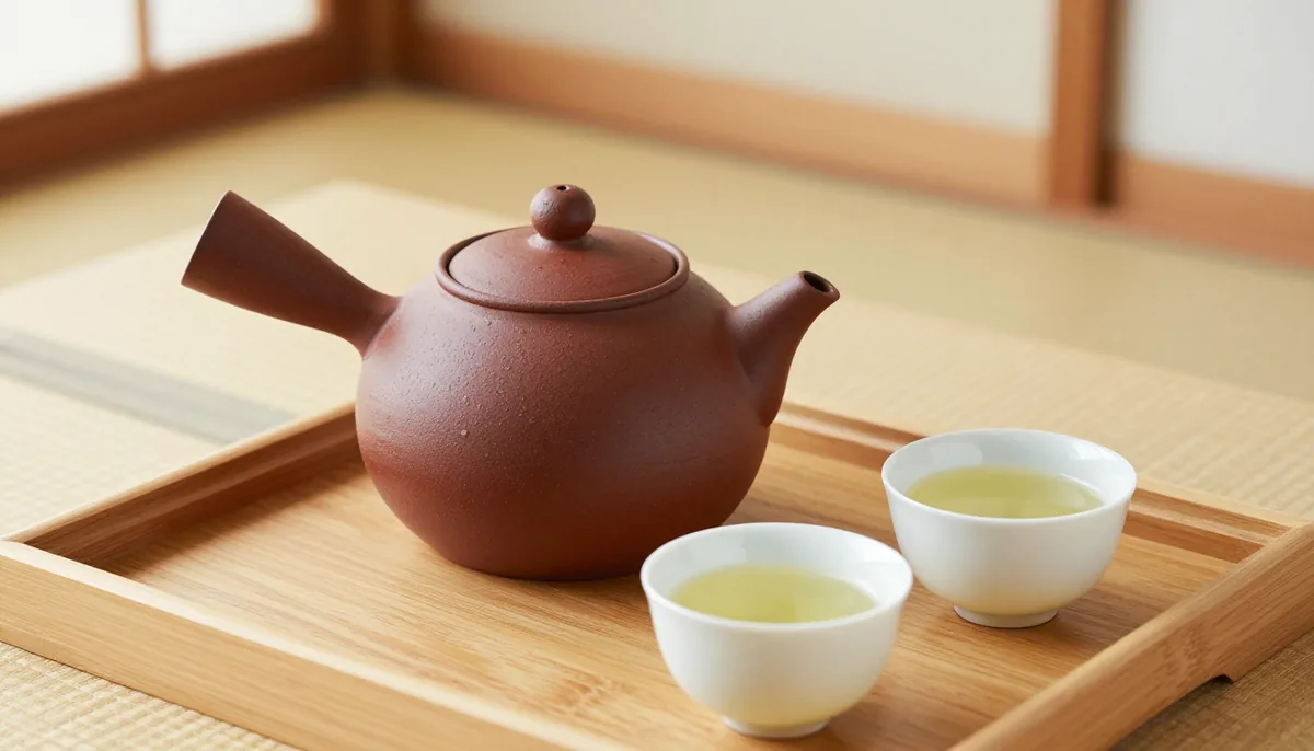 A dark red tokoname clay kyusu with a side handle pouring bright yellow-green sencha into two small white cups, wet needle-shaped leaves visible in the open pot